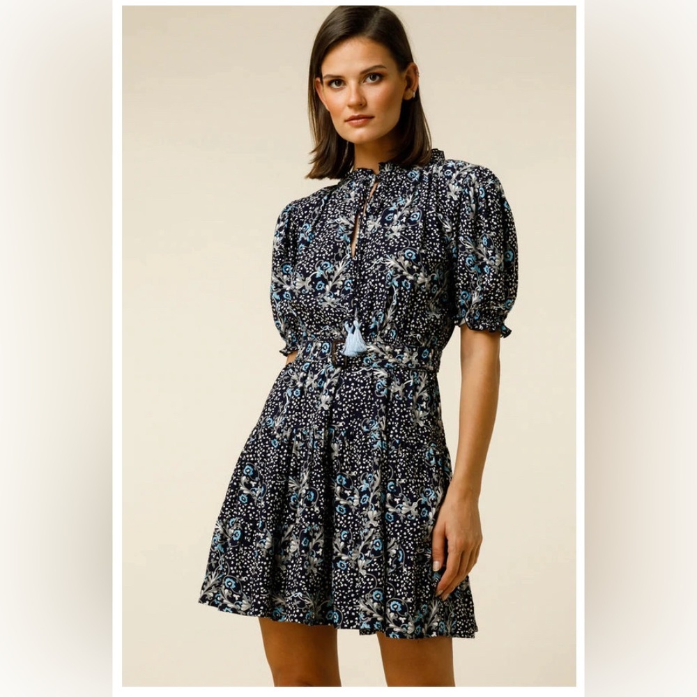 Lusana Ayla Balloon Sleeve Tie Neck Tiered Mini Dress‎ In Night Shade Size 8